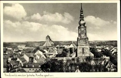 Ak Greifswald in Mecklenburg Vorpommern, Teilansicht der Stadt von der Jakobikirche gesehen