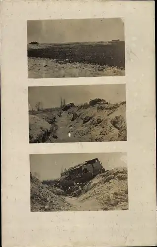 Foto Ak Schlachtfeld 1. WK, Abgeschossener französ. Panzer St. Chamond, Aisne Stellung 1917