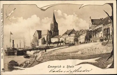 Ak Emmerich am Niederrhein, Teilansicht vom Ort, Kirche, Rheinufer, Dambfboot am Anleger