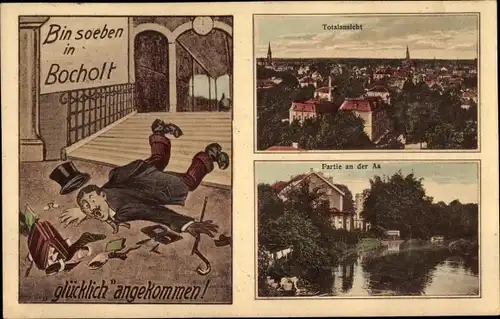 Ak Bocholt im Münsterland, Totalansicht, Partie an der Aa, Humor, Glücklich angekommen