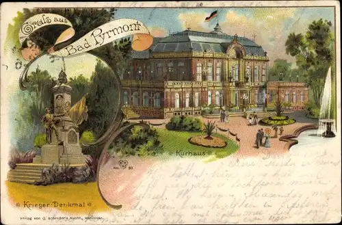 Litho Bad Pyrmont in Niedersachsen, Kriegerdenkmal, Kurhaus