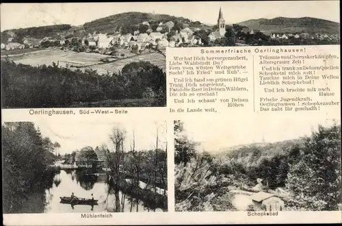 Ak Oerlinghausen Nordrhein Westfalen, Gedicht, Mühlenteich, Schopkebad, Panorama vom Ort