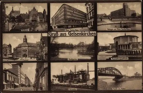 Ak Gelsenkirchen im Ruhrgebiet, Bahnhof, Hans-Sachs-Haus, Stadtgarten, Ausstellungsgebäude, Hochöfen