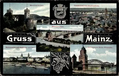 Ak Mainz am Rhein, Eisenbahnbrücke, Blick vom Stephansturm, Stadthalle, Dom, Kaiserbrücke
