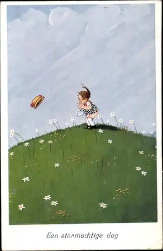 Ak Een stormachtige dag, Wind bläst Mädchen Hut vom Kopf