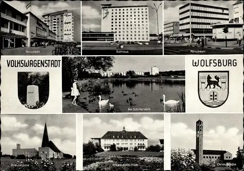 Ak Wolfsburg, Volkswagenstadt, Porschestr., Rathaus, Kreuzkirche, Christuskirche, Schillerteich