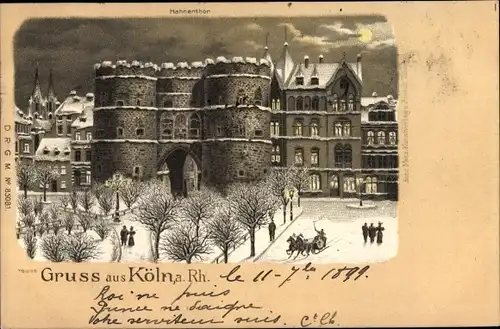 Litho Köln am Rhein, Hahnentor im Winter