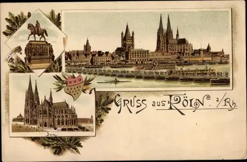 Litho Köln am Rhein, Stadtpanorama, Denkmal, Dom, Wappen