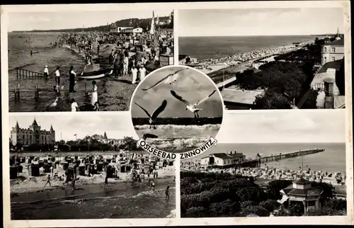 Ak Ostseebad Zinnowitz auf Usedom, Strandpartien, Möwen, Seebrücke