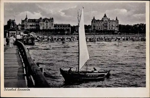 Ak Ostseebad Zinnowitz auf Usedom, Seebrücke, Strandpartie, Segelboot