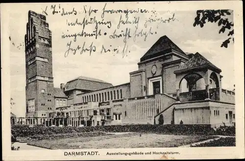 Ak Darmstadt in Hessen, Ausstellungsgebäude und Hochzeitsturm