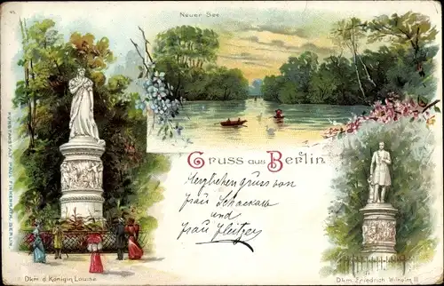 Litho Berlin Tiergarten, Denkmal der Königin Luise, Neuer See, Friedrich Wilhelm