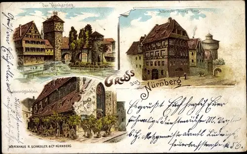 Litho Nürnberg in Mittelfranken, Hnekersteg, Bratwurstglöcklein, Albrecht Dürer Haus