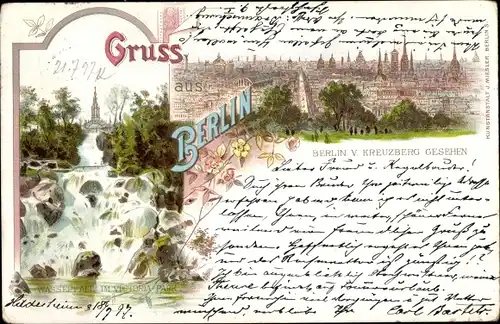 Litho Berlin Kreuzberg, Wasserfall im Victoria Park, Panorama von Kreuzberg