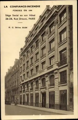 Ak Paris IX. Arrondissement Opéra, La Confiance Incendie, Siege Social et son Hotel, Rue Drouot