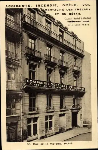 Ak Paris IX. Arrondissement Opéra, Compagnie Generale d'Assurances, 69 Rue de la Victoire