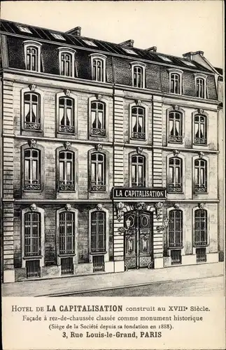 Ak Paris II. Arrondissement Bourse, Hotel de la Capitalisation, 3, Rue Louis le Grand