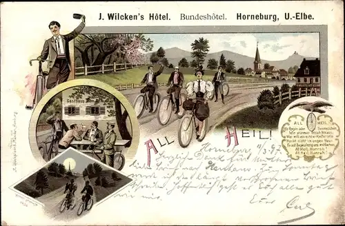 Litho Horneburg im Alten Land, Hotel, Radfahrer, All Heil