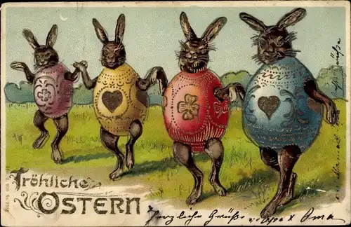 Präge Litho Glückwunsch Ostern, Osterhasen mit Ostereiern