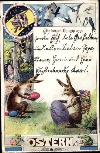 Ak Glückwunsch Ostern, Osterhasen, Ostereier, Frösche, Schwalben