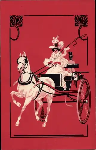 Ak Frau fährt eine Kutsche, Weißes Pferd