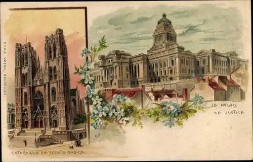 Litho Bruxelles Brüssel, Cathedrale, Palais de Justice, Vergissmeinnicht