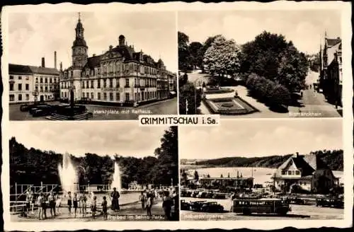 Foto Ak  Crimmitschau in Sachsen, Ansichten Marktplatz, Bismarckhain, Freibad, Kobertalsperre