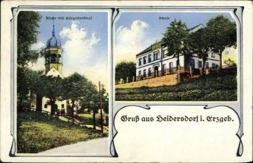 Ak Heidersdorf im Erzgebirge, Kirche, Kriegerdenkmal, Schule