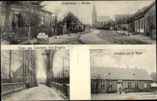 Ak Telschow Putlitz in der Prignitz, Dorfstraße, Kirche, Mühle, Gasthof