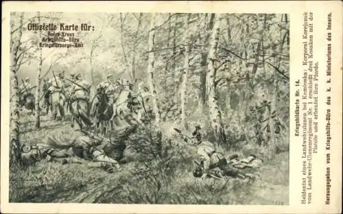 Ak Kriegsbildkarte Nr. 14, Heldentat eines Landwehrulanen bei Kamionka