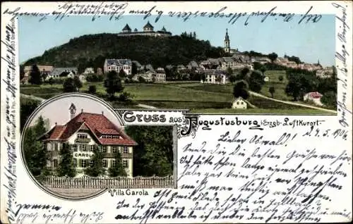 Litho Augustusburg im Erzgebirge, Gruß aus..., Blick auf die Stadt mit Schloß, Villa Carola