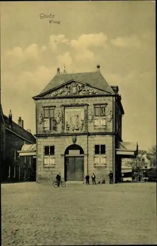 Ak Gouda Südholland Niederlande, Waag, Straßenpartie