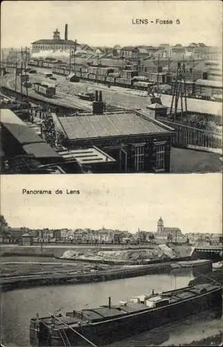 Ak Lens Pas de Calais, Gleisanlagen mit Güterwaggons, Blick auf die Stadt