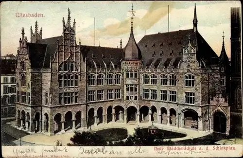 Mondschein Litho Wiesbaden in Hessen, Neue Mädchenschule auf dem Schlossplatz