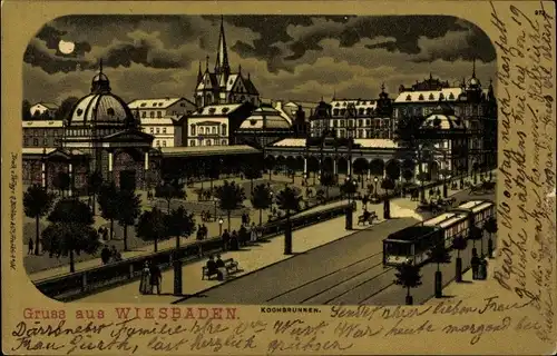 Mondschein Litho Wiesbaden in Hessen, Kochbrunnen, Straßenbahn