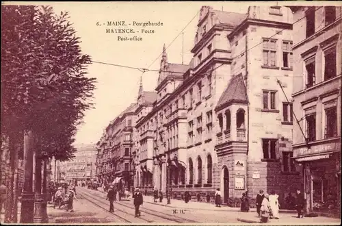 Ak Mainz in Rheinland Pfalz, Straßenpartie am Postgebäude