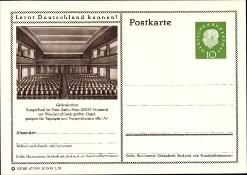Ganzsachen Ak Gelsenkirchen im Ruhrgebiet, Hans Sachs Haus, Innenansicht, Kongresssaal