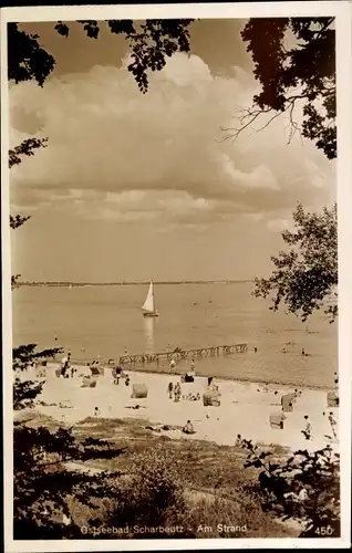 Ak Scharbeutz in Ostholstein, Strandpartie, Seesteg, Segelboot