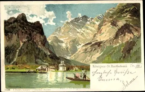 Künstler Litho St. Bartholomä Schönau am Königssee, Alpenpanorama, Kirche, Königssee, Watzmann