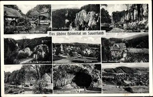 Ak Eisborn Balve im Sauerland, Hönnetal, Alte Mühle, Uhufelsen, Balver Höhle, Burg Klusenstein