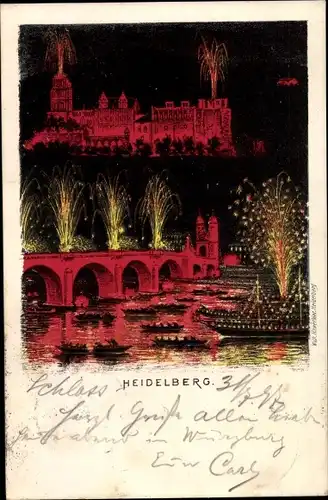 Künstler Litho Heidelberg am Neckar, Schloss Heidelberg, Feuerwerk