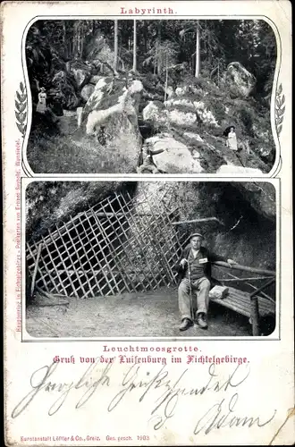 Ak Luisenburg Wunsiedel in Oberfranken, Fichtelgebirge, Leuchtmoosgrotte, Felsenlabyrinth