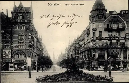 Ak Düsseldorf am Rhein, Kaiser Wilhelm Straße, Niederlassungen Hamburg Amerika Linie, Norddt. Lloyd