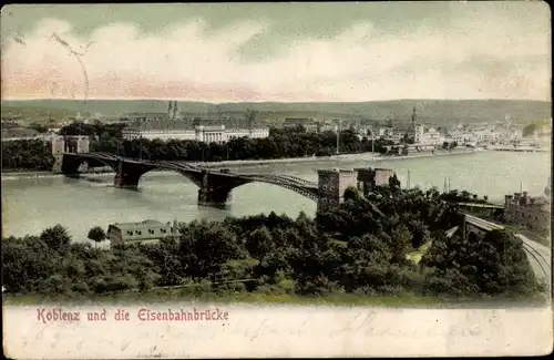 Ak Koblenz am Rhein, Eisenbahnbrücke, Panorama