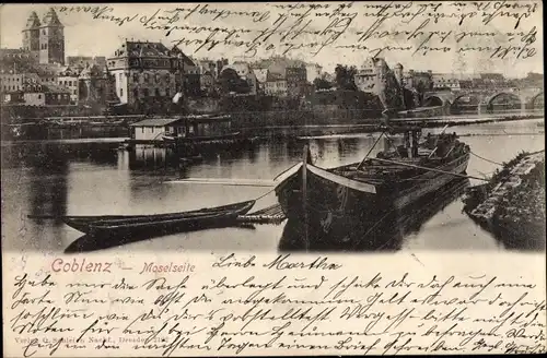 Ak Koblenz am Rhein, Moselseite, Frachtschiff