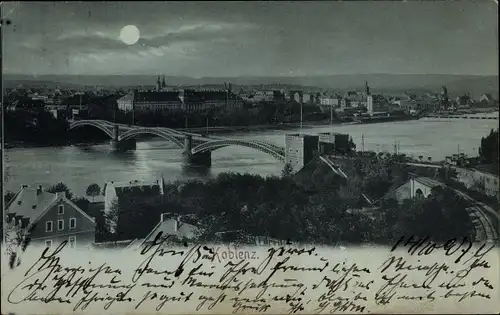 Mondschein Ak Koblenz am Rhein, Eisenbahnbrücke, Panorama