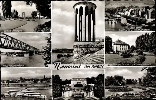 Ak Neuwied am Rhein, Parkanlagen, Rheinpartie, Schloss, Raiffeisendenkmal, Kreismuseum, Pegelturm