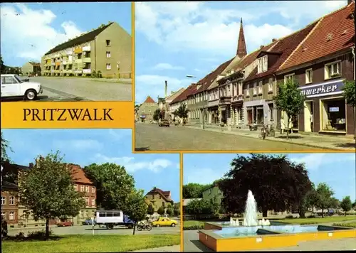 Ak Pritzwalk in der Prignitz, Bahnhofstr., Karl-Marx-Straße, Platz des Friedens, Straße des Friedens