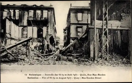 Ak Thessaloniki Griechenland, Quais, Rue Max Harden, Incendie 1917, Ruinen
