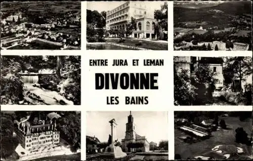 Ak Divonne les Bains Ain, Jura, Leman, Schloss, Panorama vom Ort, Ortsansichten